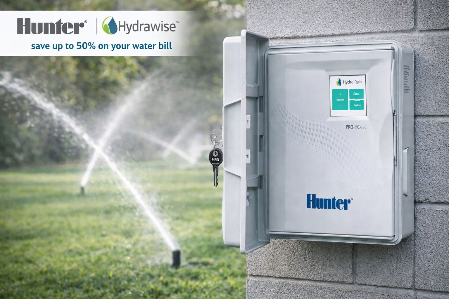 Hunter Hydrawise irrigation controller on a wall with sprinklers spraying water in the background.